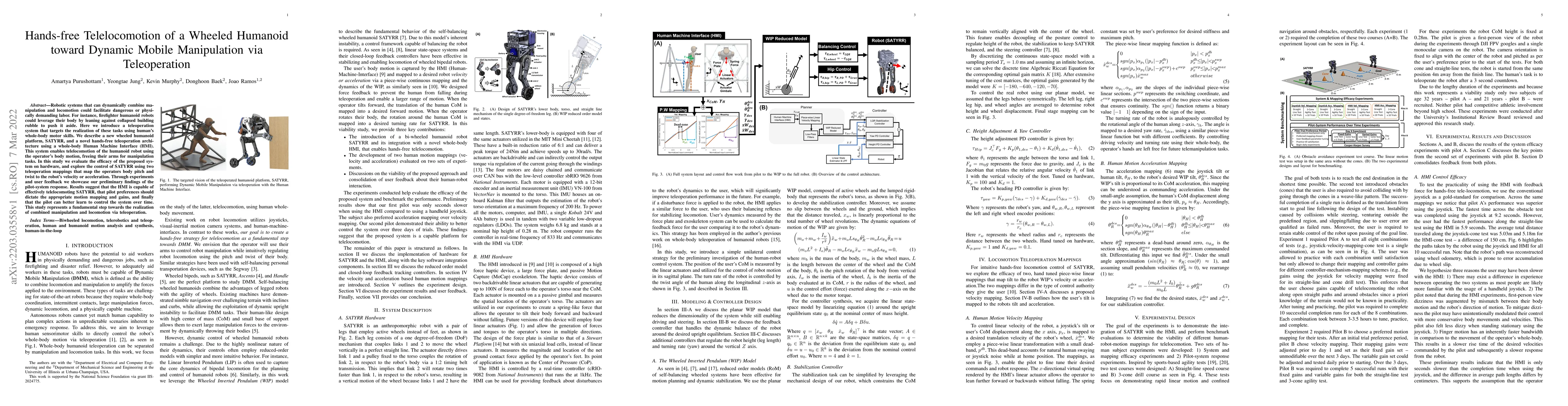 Thumbnail for Hands-free Telelocomotion of a Wheeled Humanoid toward Dynamic Mobile
  Manipulation via Teleoperation