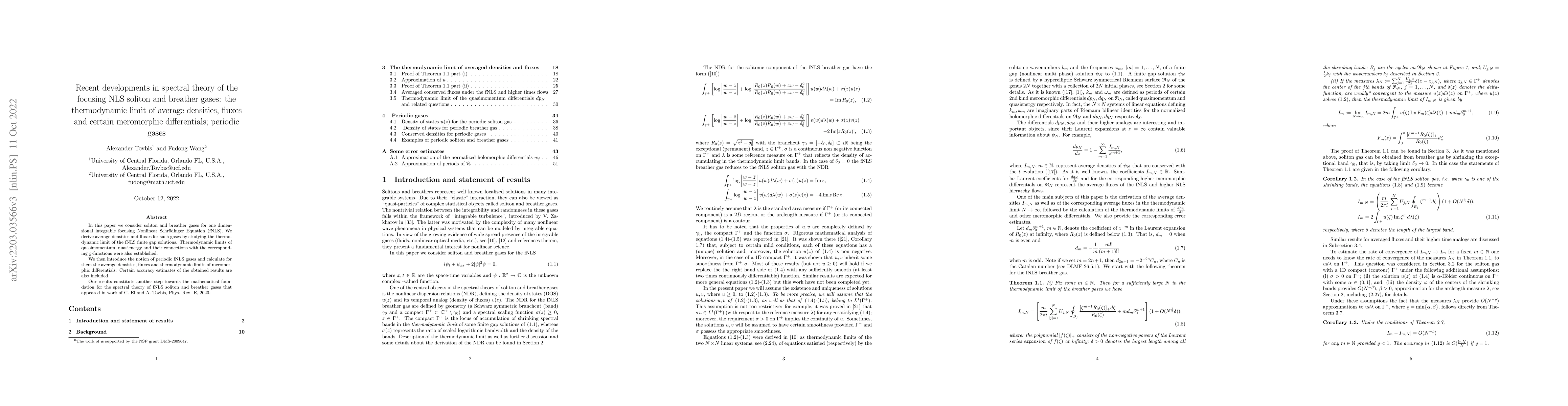Thumbnail for Recent developments in spectral theory of the focusing NLS soliton and
  breather gases: the thermodynamic limit of average densities, fluxes and
  certain meromorphic differentials; periodic gases