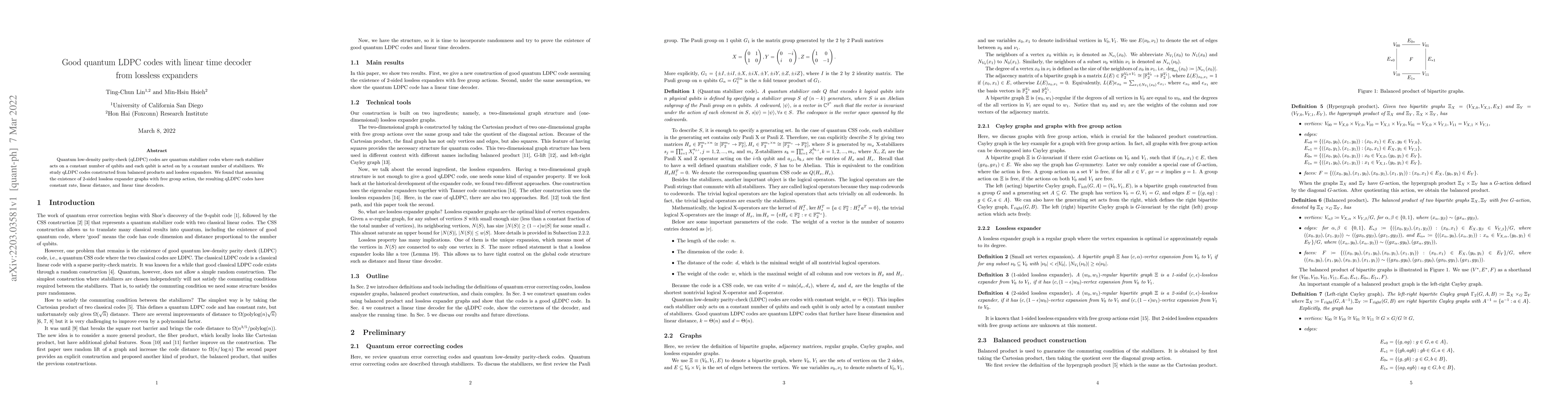 Thumbnail for Good quantum LDPC codes with linear time decoder from lossless expanders