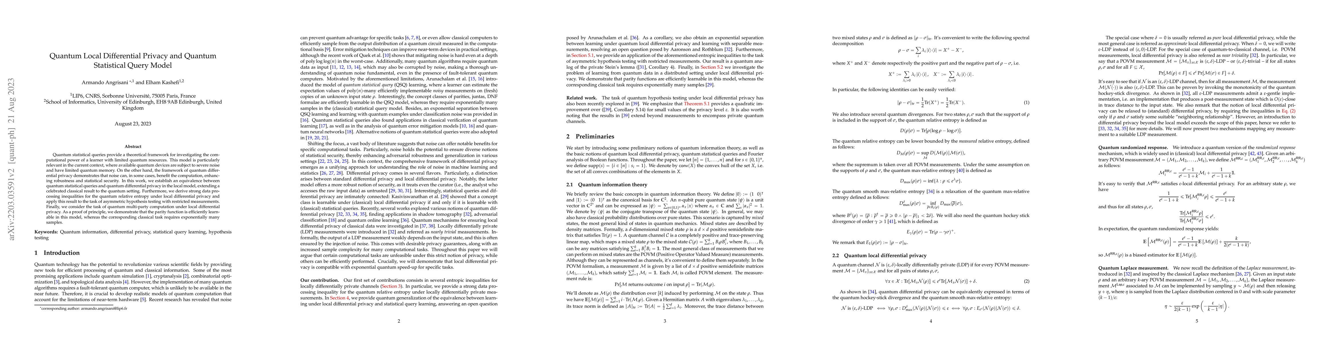 Thumbnail for Quantum Local Differential Privacy and Quantum Statistical Query Model