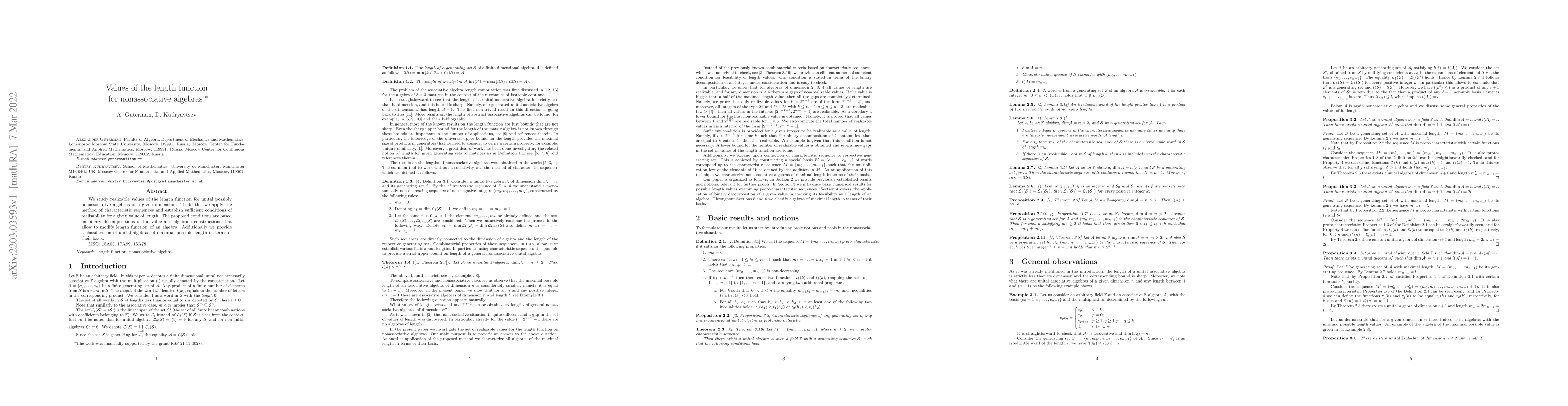 Thumbnail for Values of the length function for nonassociative algebras