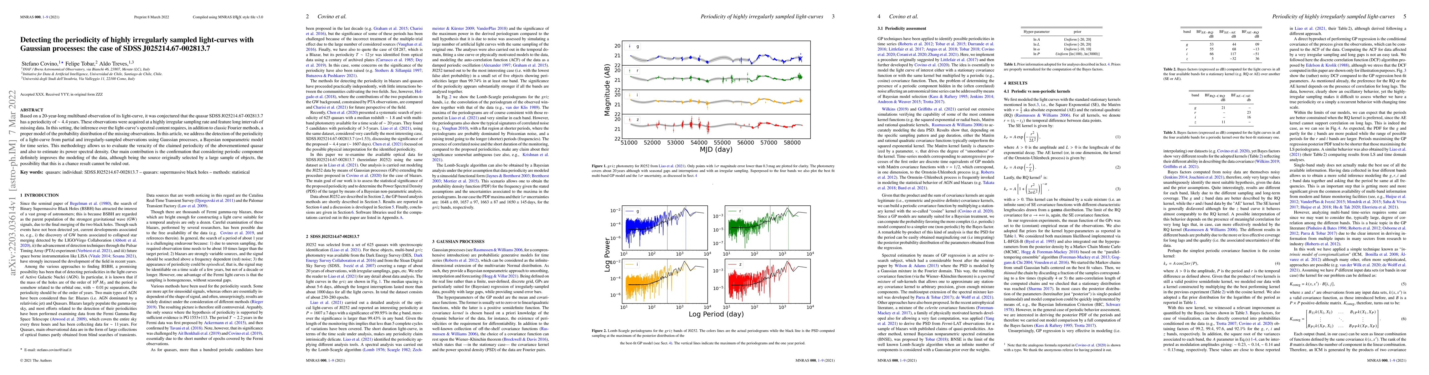 Thumbnail for Detecting the periodicity of highly irregularly sampled light-curves
  with Gaussian processes: the case of SDSSJ025214.67-002813.7