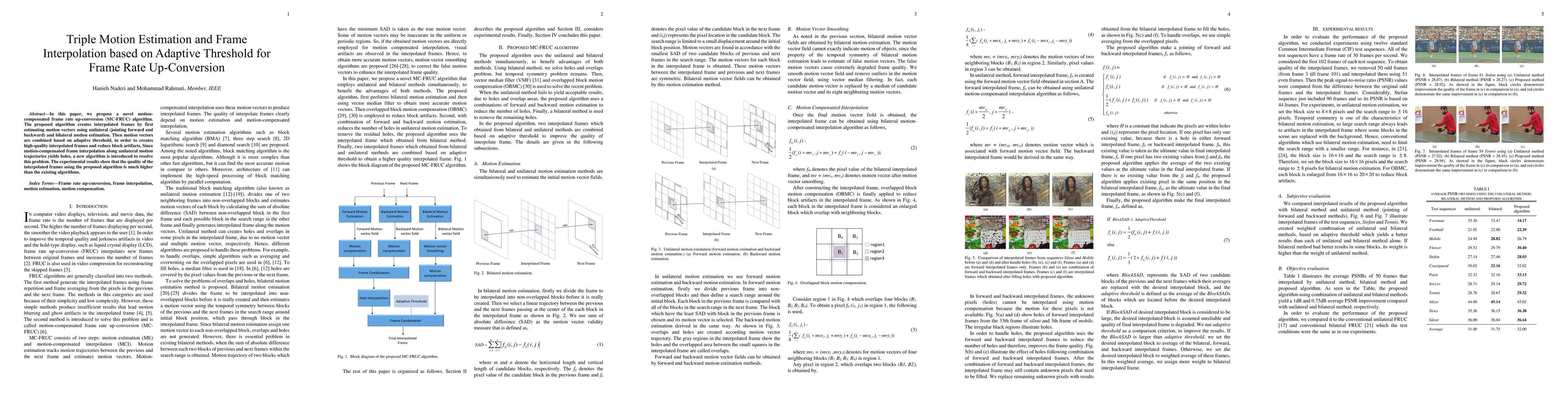 Thumbnail for Triple Motion Estimation and Frame Interpolation based on Adaptive
  Threshold for Frame Rate Up-Conversion