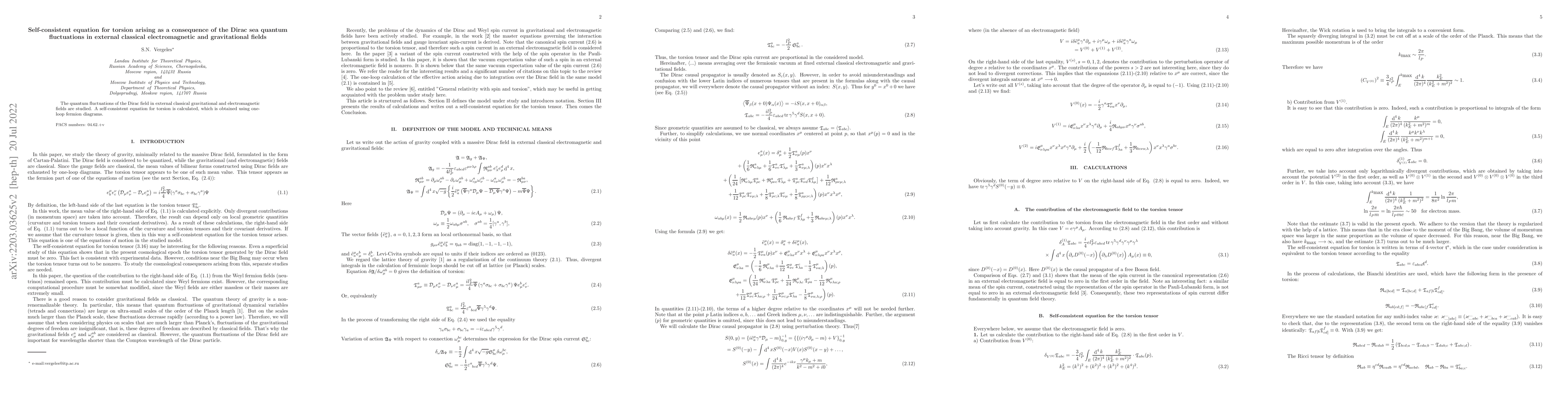 Thumbnail for Self-consistent equation for torsion arising as a consequence of the
  Dirac sea quantum fluctuations in external classical electromagnetic and
  gravitational fields