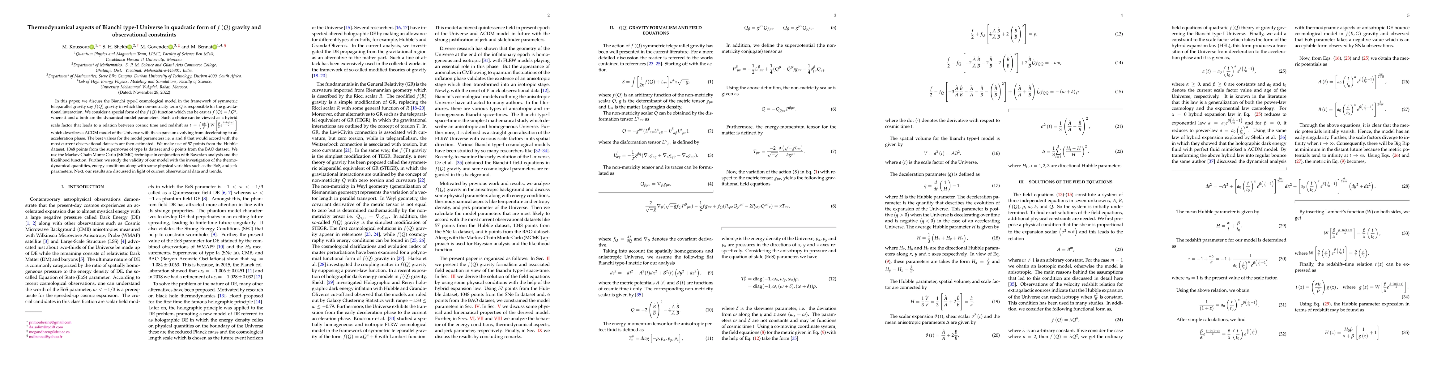 Thumbnail for Thermodynamical aspects of Bianchi type-I Universe in quadratic form of
  $f\left( Q\right) $ gravity and observational constraints
