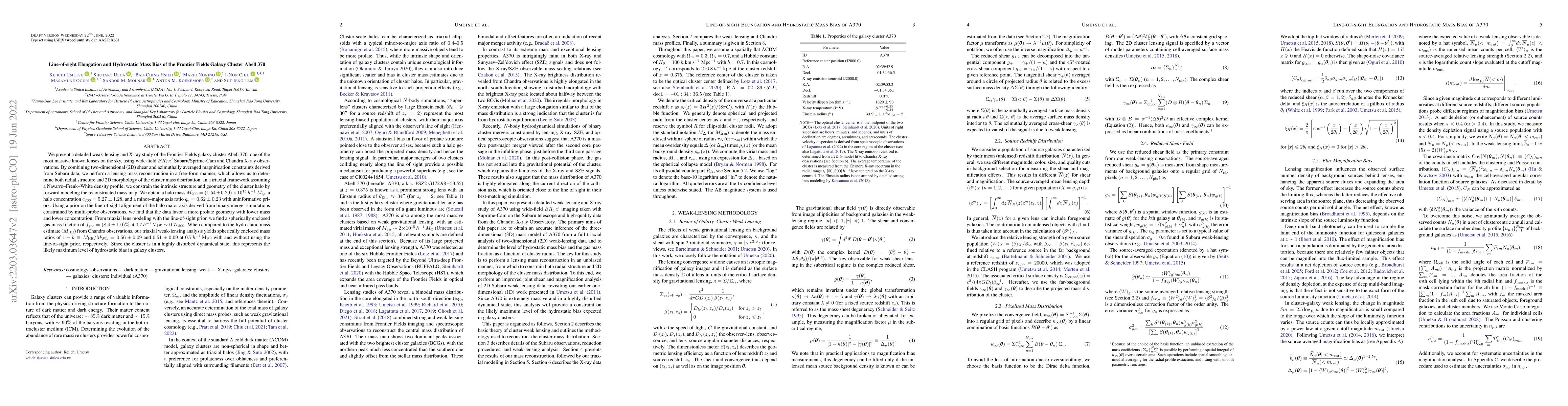 Thumbnail for Line-of-sight Elongation and Hydrostatic Mass Bias of the Frontier
  Fields Galaxy Cluster Abell 370