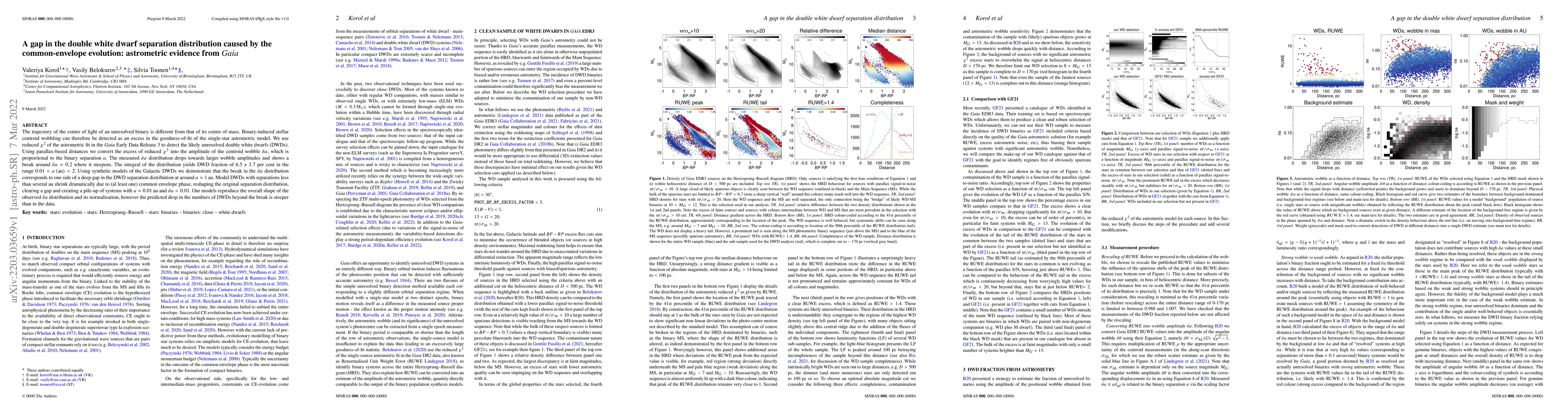 Thumbnail for A gap in the double white dwarf separation distribution caused by the
  common-envelope evolution: astrometric evidence from Gaia