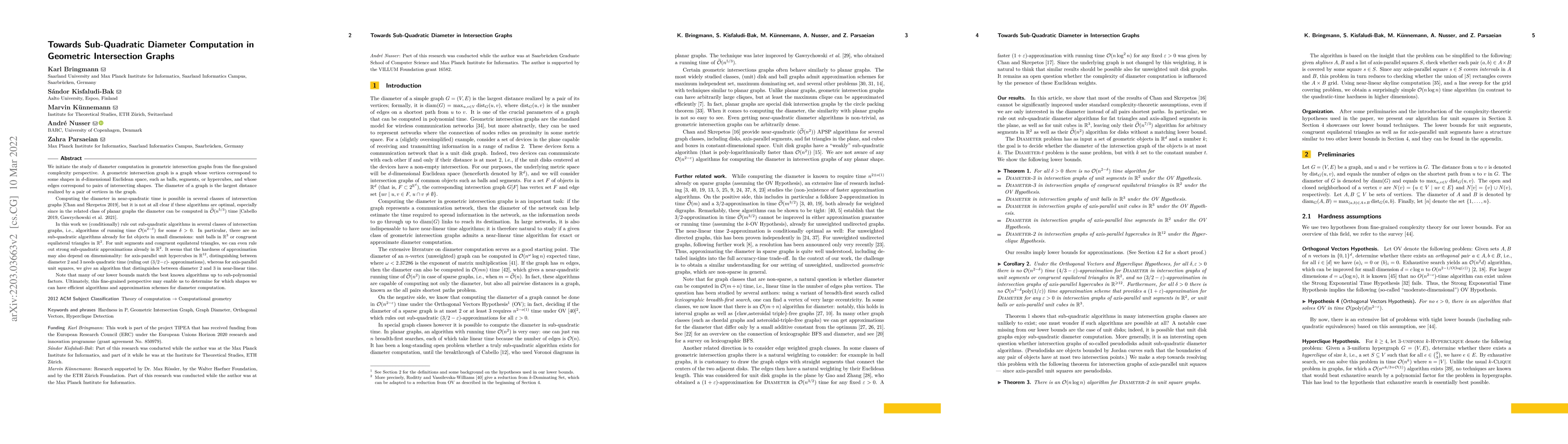 Thumbnail for Towards Sub-Quadratic Diameter Computation in Geometric Intersection
  Graphs