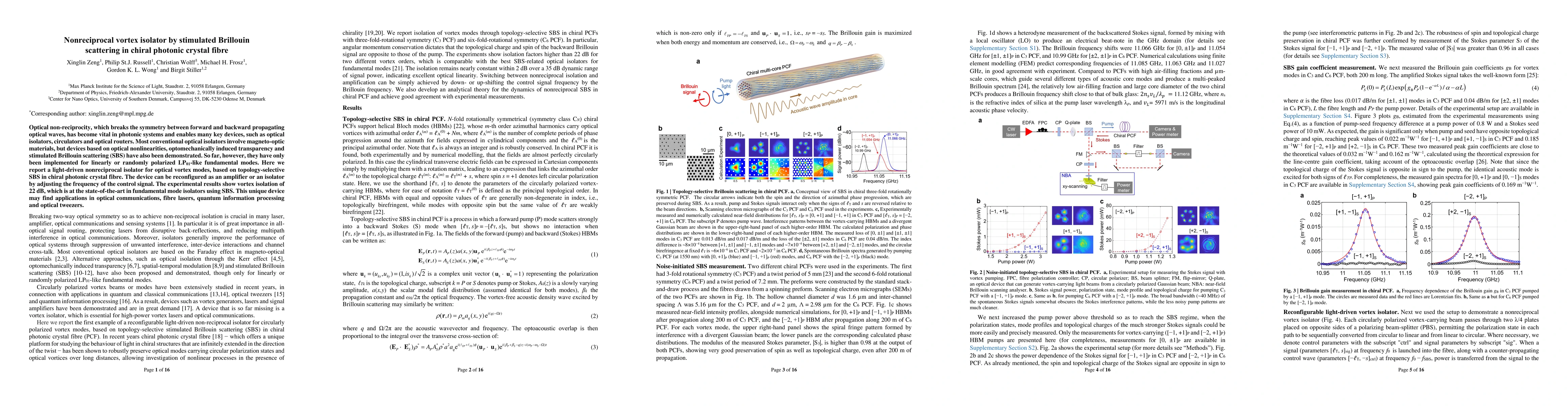 Thumbnail for Nonreciprocal vortex isolator by stimulated Brillouin scattering in
  chiral photonic crystal fibre