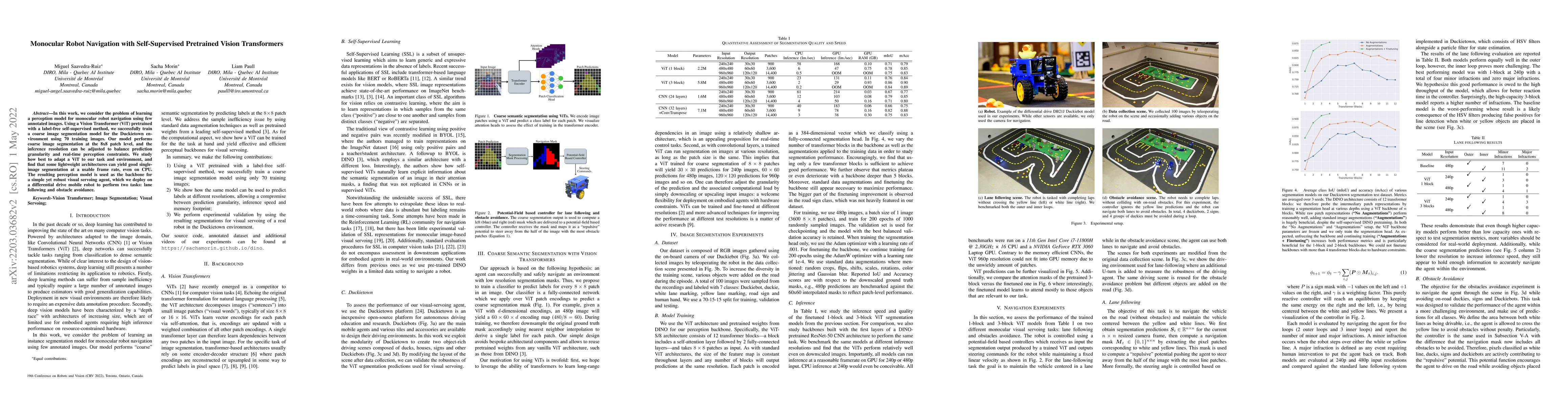 Thumbnail for Monocular Robot Navigation with Self-Supervised Pretrained Vision
  Transformers