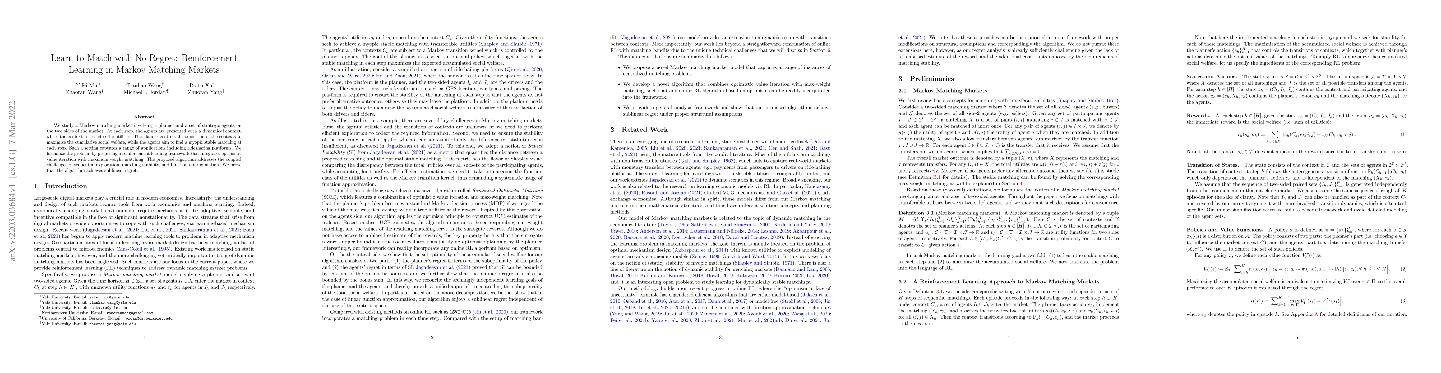 Thumbnail for Learn to Match with No Regret: Reinforcement Learning in Markov Matching
  Markets