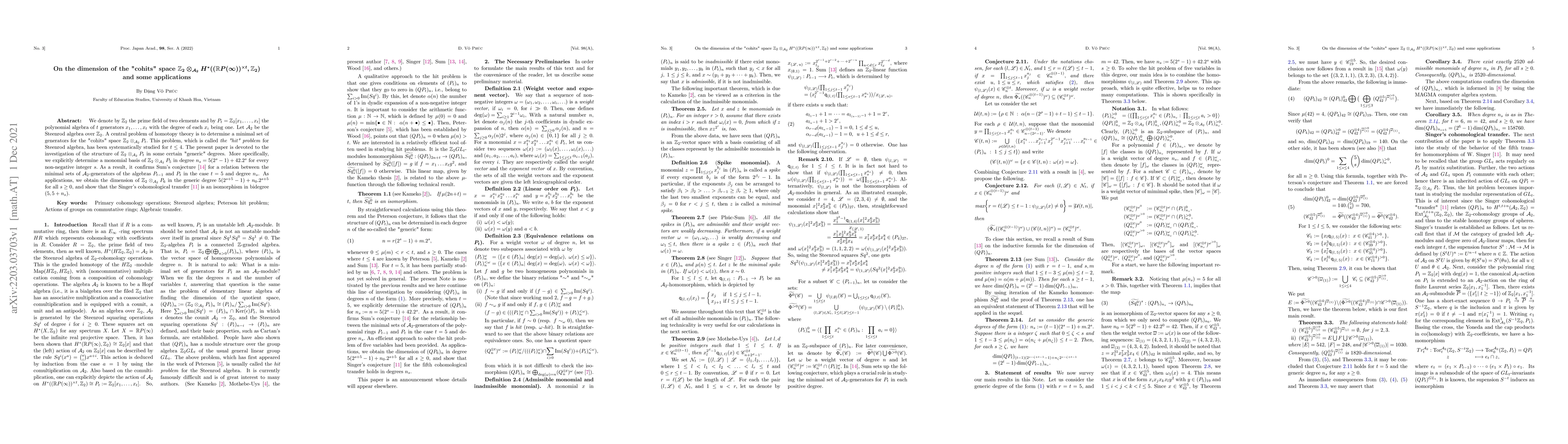 Thumbnail for On the dimension of the "cohits" space $\mathbb Z_2\otimes_{\mathcal
  A_2} H^{*}((\mathbb RP(\infty))^{\times t}, \mathbb Z_2)$ and some
  applications
