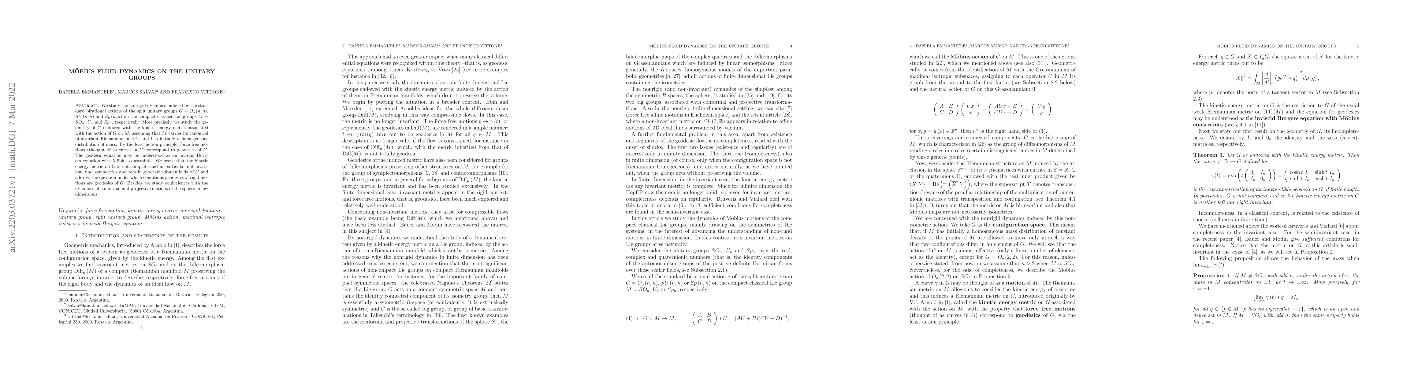 Thumbnail for Mobius fluid dynamics on the unitary groups]{M\"{o}bius fluid dynamics
  on the unitary groups