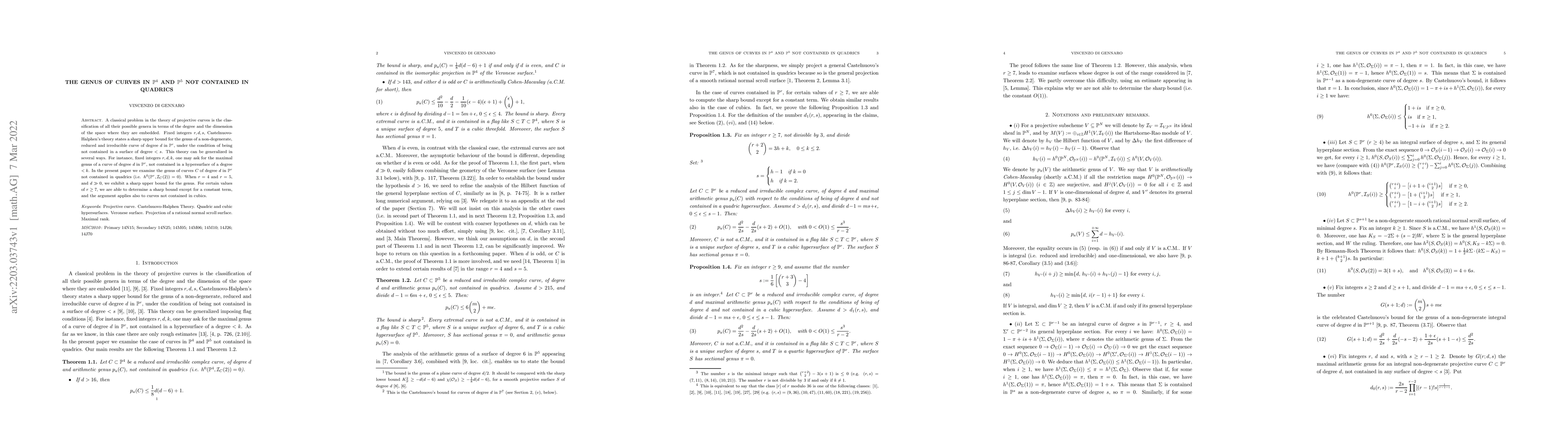 Thumbnail for The genus of curves in $\mathbb P^4$ and $\mathbb P^5$ not contained in
  quadrics
