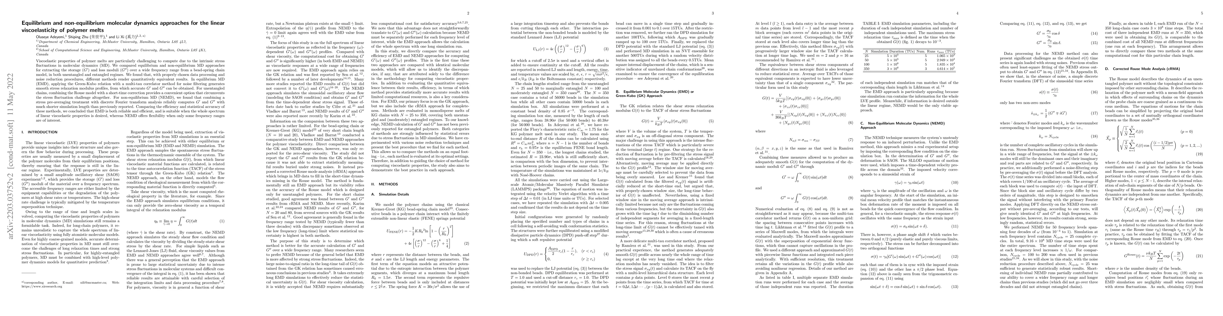 Thumbnail for Equilibrium and non-equilibrium molecular dynamics approaches for the
  linear viscoelasticity of polymer melts