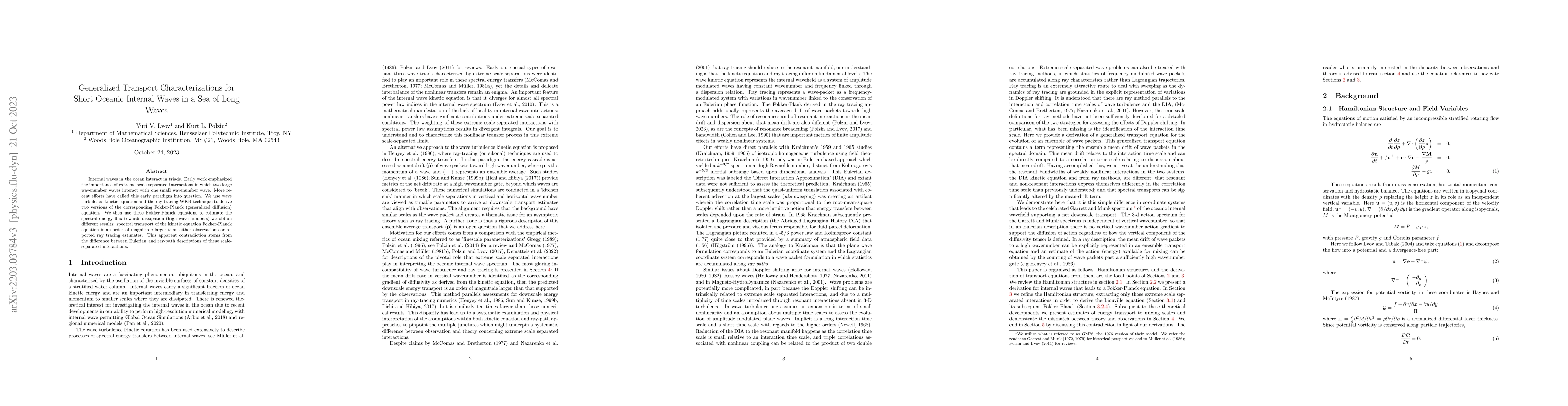 Thumbnail for Generalized Transport Characterizations for Short Oceanic Internal Waves
  in a Sea of Long Waves