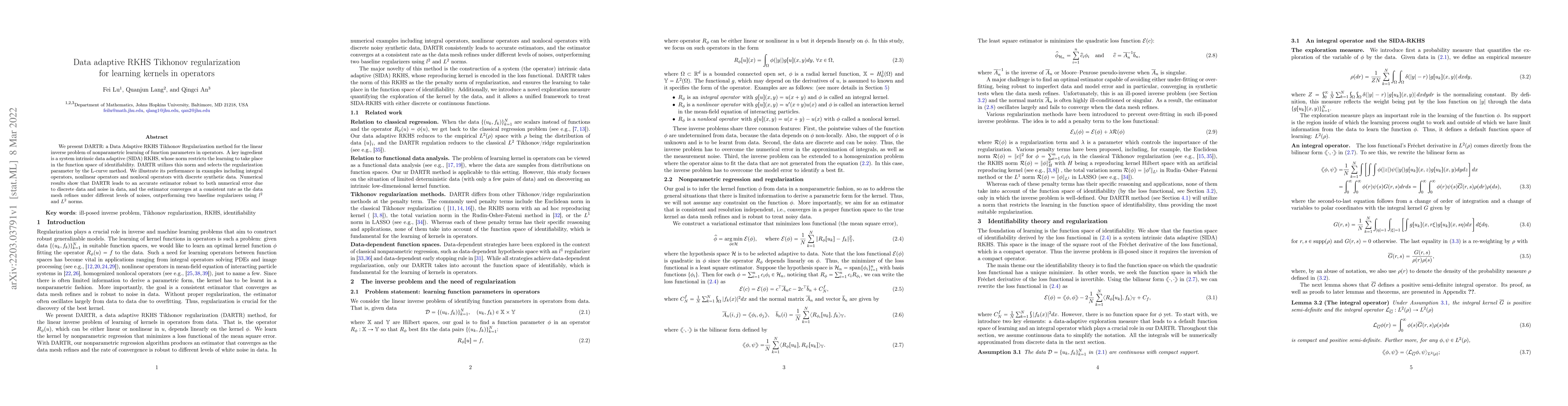 Thumbnail for Data adaptive RKHS Tikhonov regularization for learning kernels in
  operators