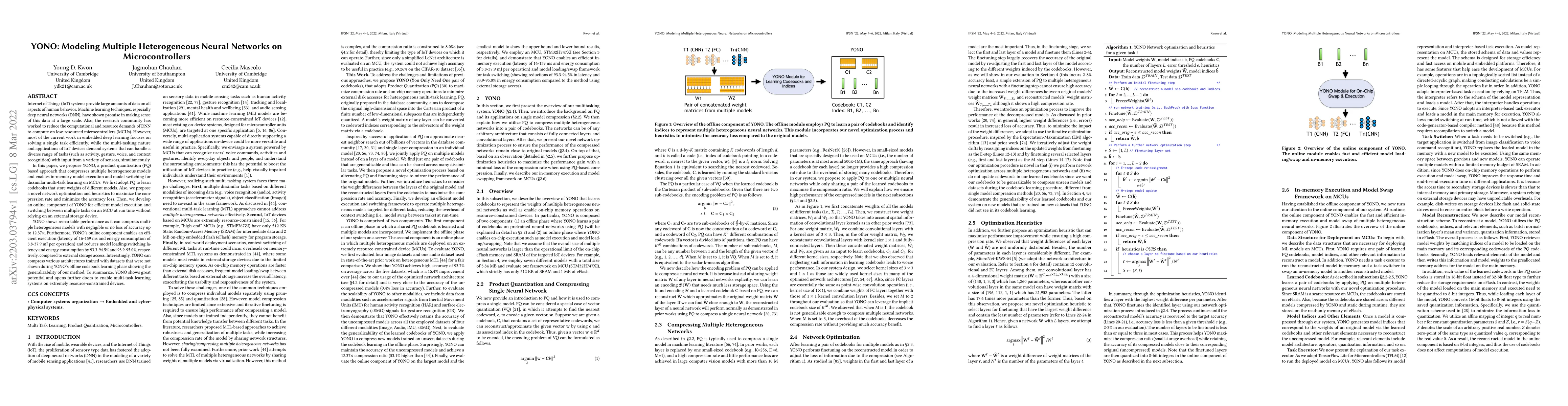 Thumbnail for YONO: Modeling Multiple Heterogeneous Neural Networks on
  Microcontrollers