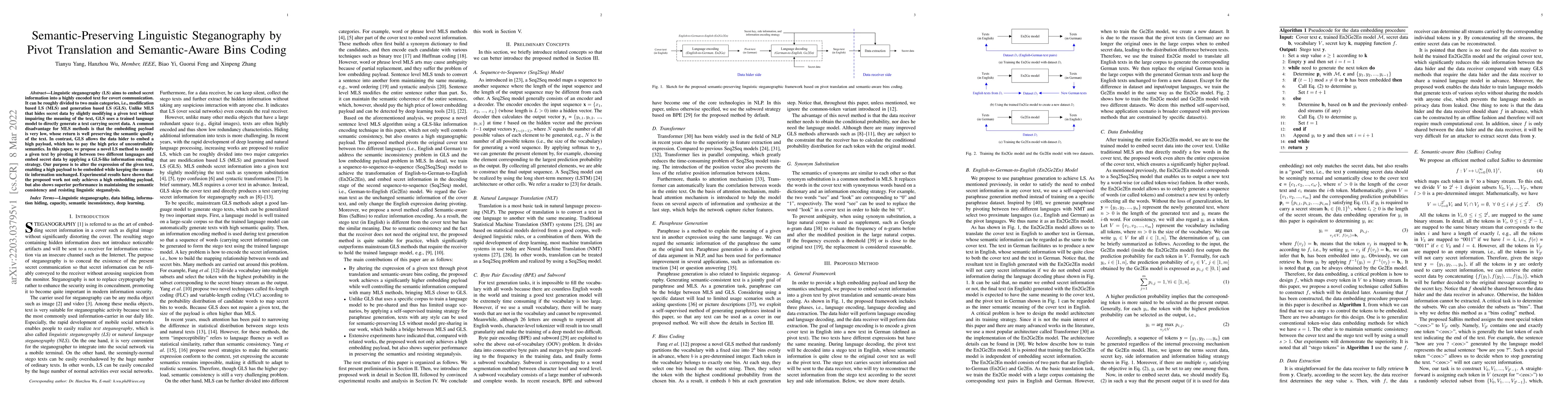Thumbnail for Semantic-Preserving Linguistic Steganography by Pivot Translation and
  Semantic-Aware Bins Coding