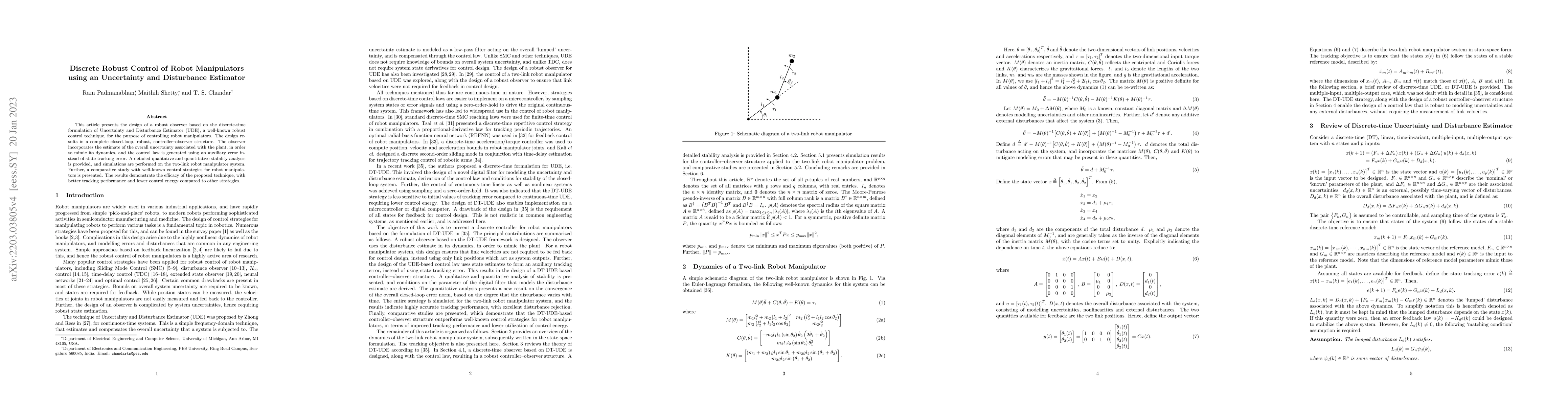 Thumbnail for Discrete Robust Control of Robot Manipulators using an Uncertainty and
  Disturbance Estimator