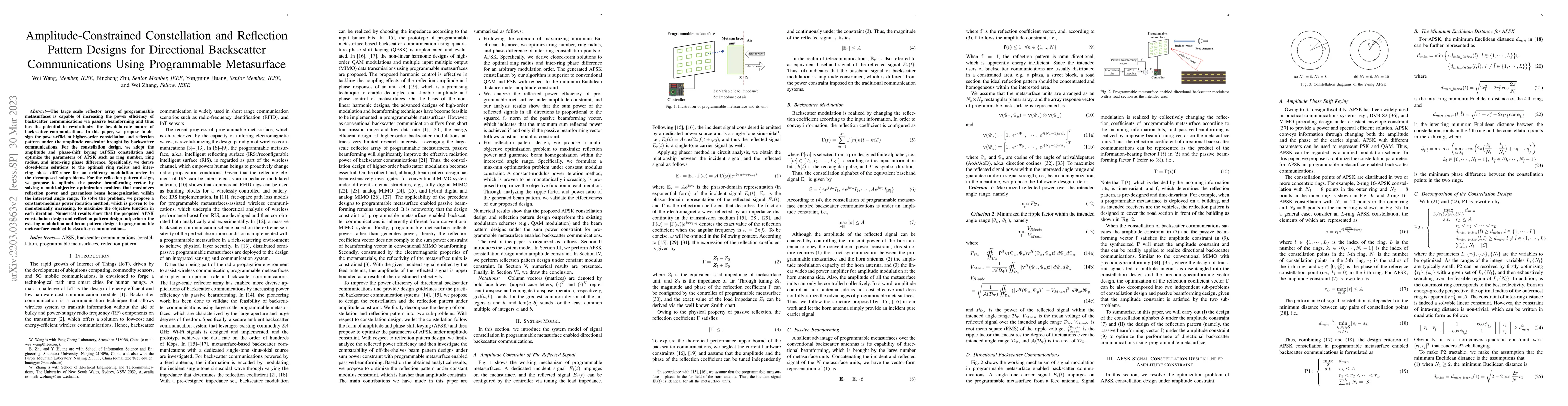 Thumbnail for Amplitude-Constrained Constellation and Reflection Pattern Designs for
  Directional Backscatter Communications Using Programmable Metasurface