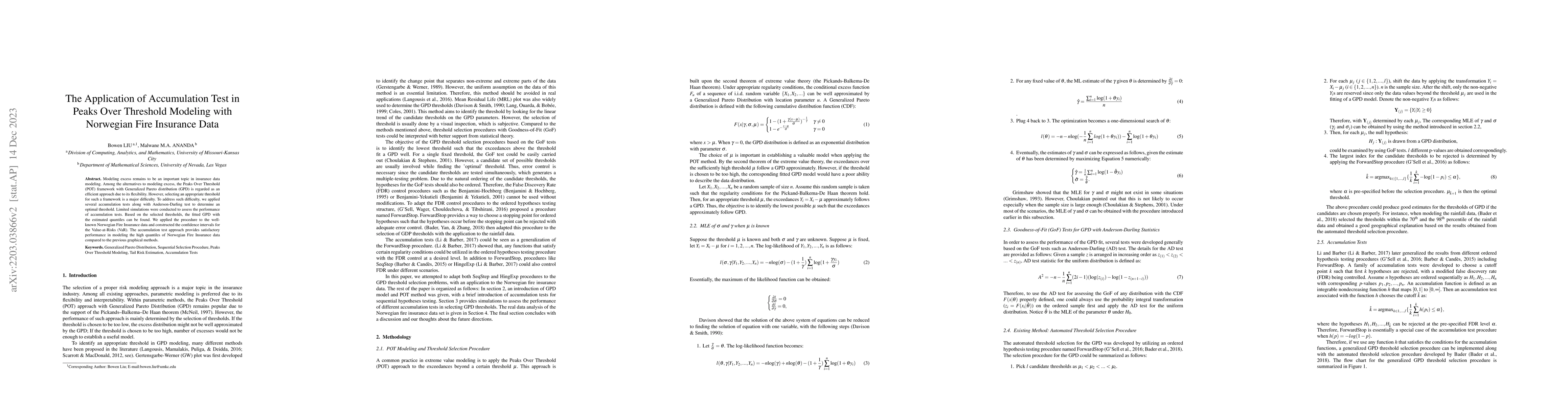 Thumbnail for The application of accumulation tests in Peaks-Over-Threshold modeling
  with Norwegian Fire insurance Data