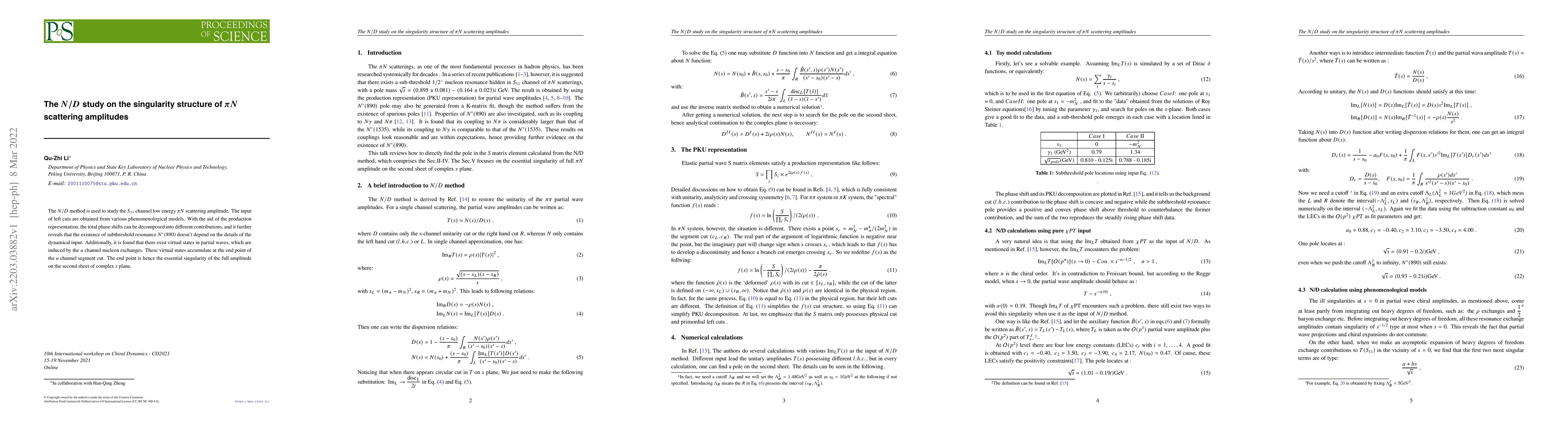 Thumbnail for The $N/D$ study on the singularity structure of $\pi N$ scattering
  amplitudes