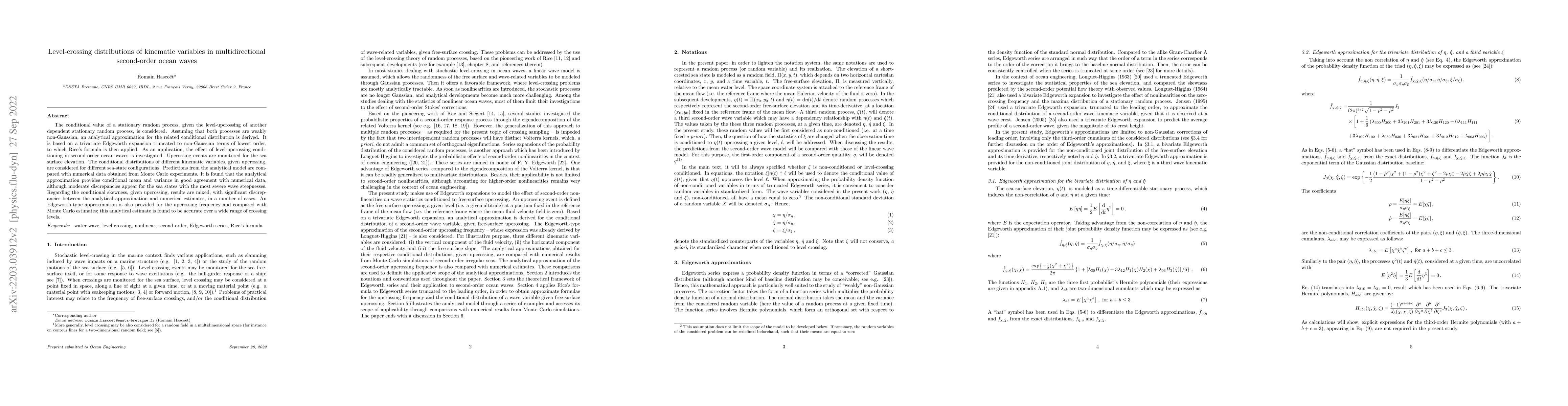 Thumbnail for Level-crossing distributions of kinematic variables in multidirectional
  second-order ocean waves