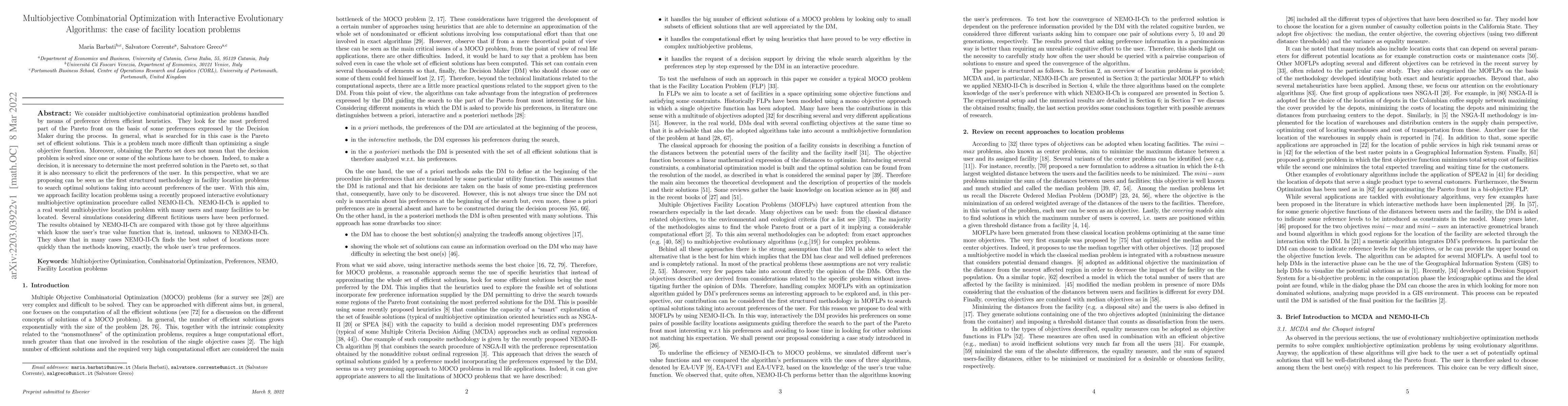 Thumbnail for Multiobjective Combinatorial Optimization with Interactive Evolutionary
  Algorithms: the case of facility location problems