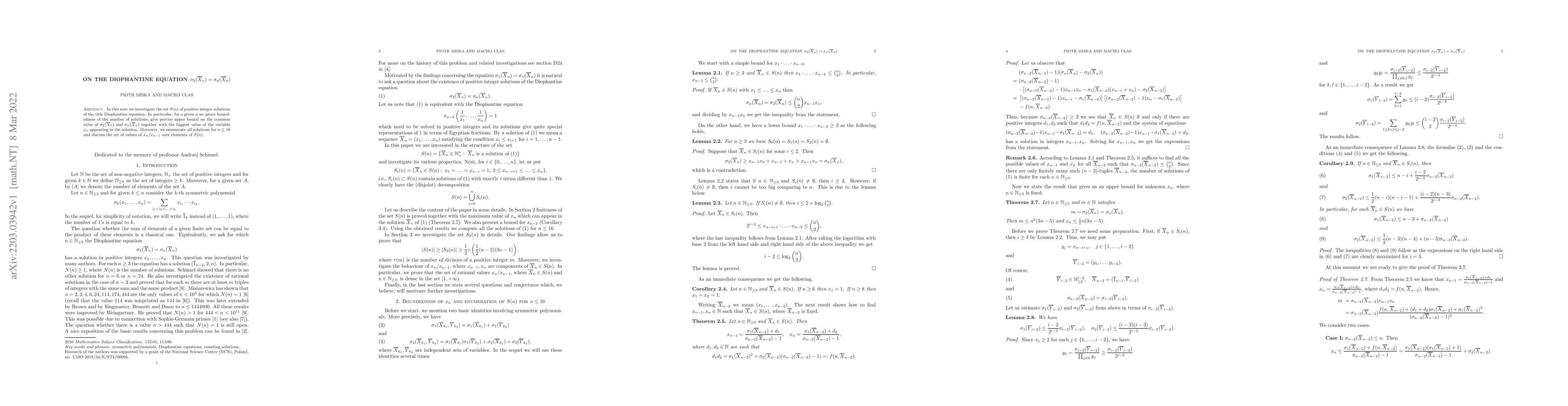 Thumbnail for On the Diophantine equation
  $\sigma_{2}(\overline{X}_{n})=\sigma_{n}(\overline{X}_{n})$
