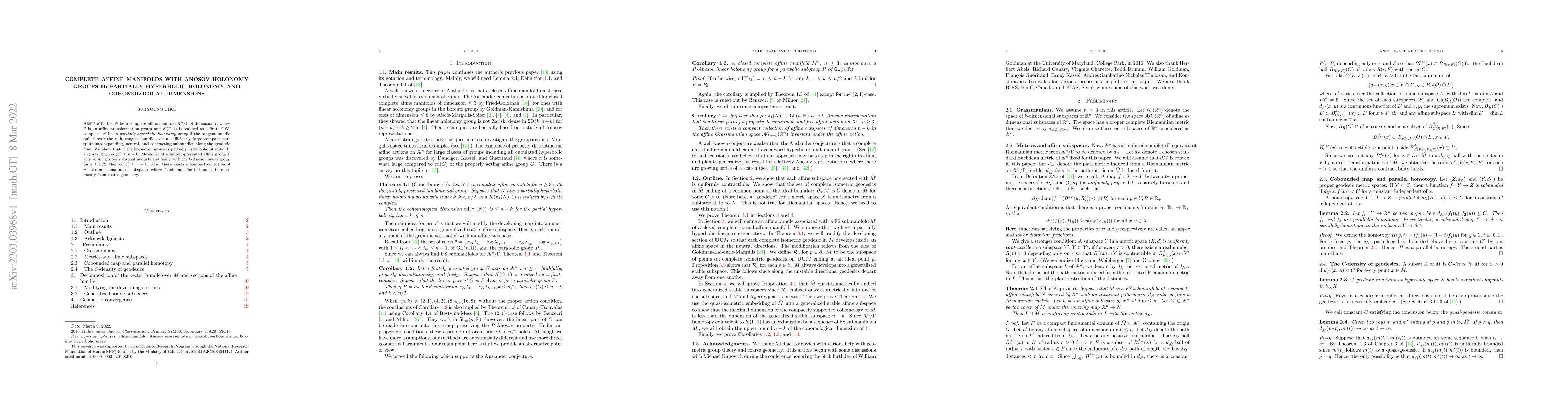 Thumbnail for Complete affine manifolds with Anosov holonomy groups II: partially
  hyperbolic holonomy and cohomological dimensions