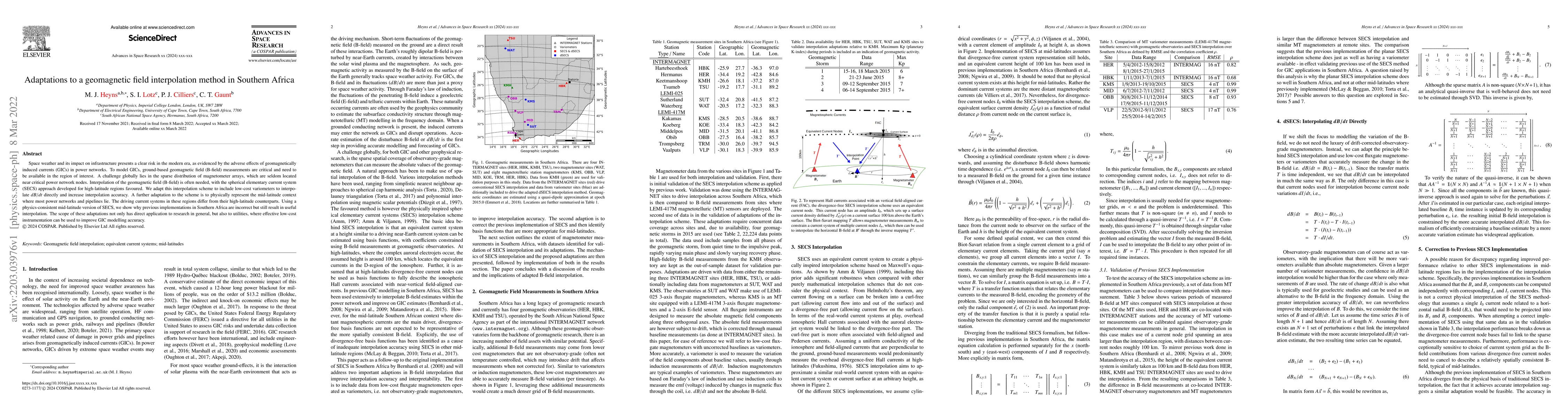 Thumbnail for Adaptations to a geomagnetic field interpolation method in Southern
  Africa