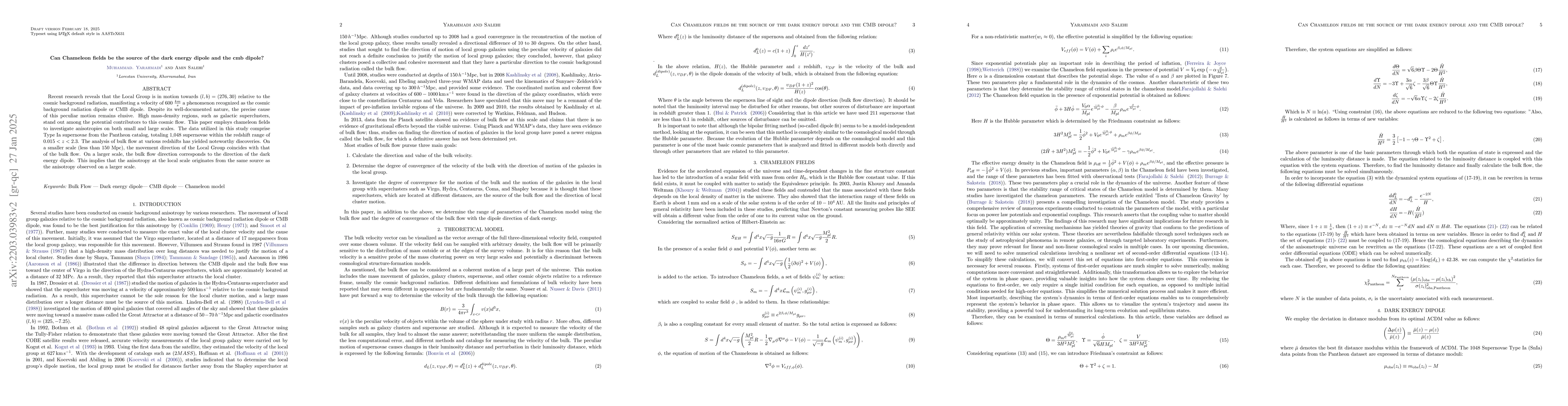 Thumbnail for Can Chameleon fields be the source of both the dark energy dipole and
  the CMB dipole?