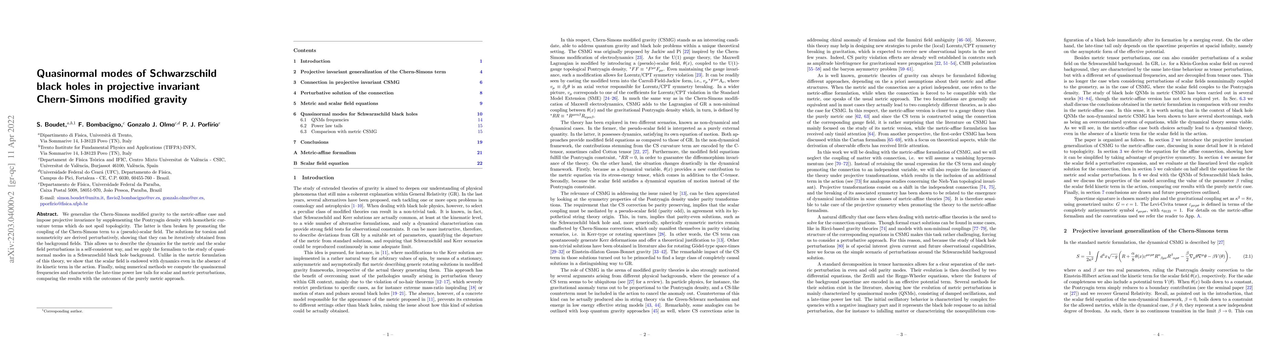 Thumbnail for Quasinormal modes of Schwarzschild black holes in projective invariant
  Chern-Simons modified gravity