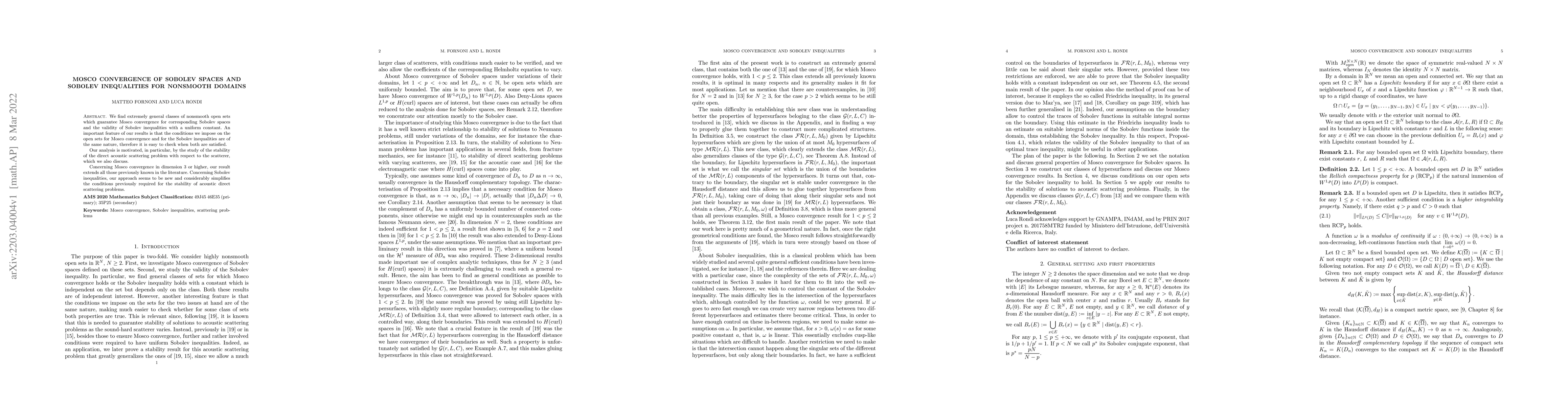 Thumbnail for Mosco convergence of Sobolev spaces and Sobolev inequalities for
  nonsmooth domains