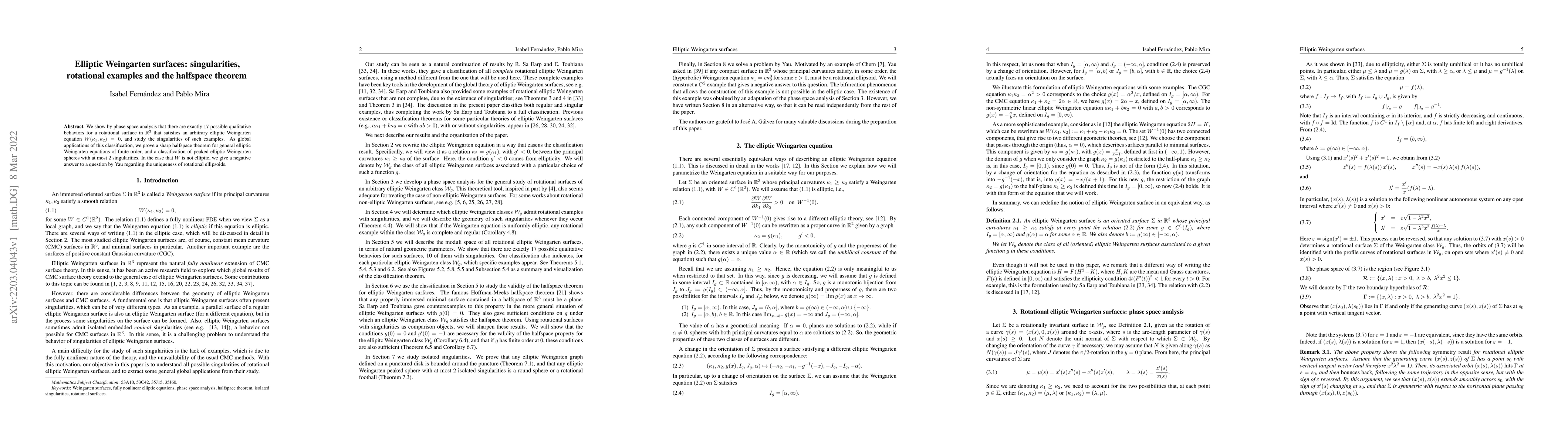 Thumbnail for Elliptic Weingarten surfaces: singularities, rotational examples and the
  halfspace theorem