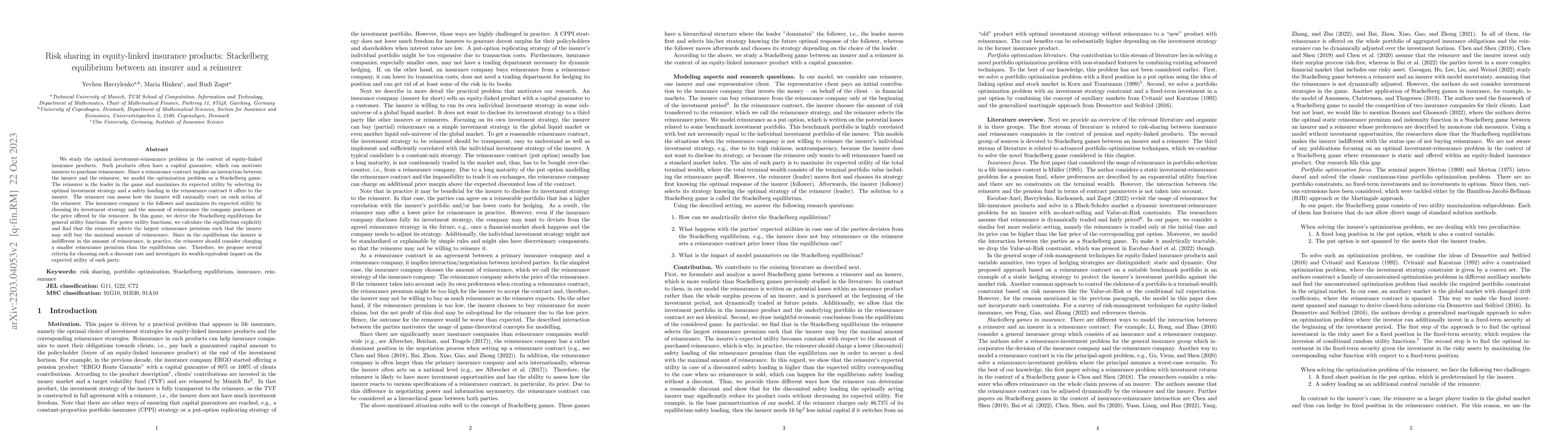 Thumbnail for Risk sharing in equity-linked insurance products: Stackelberg
  equilibrium between an insurer and a reinsurer