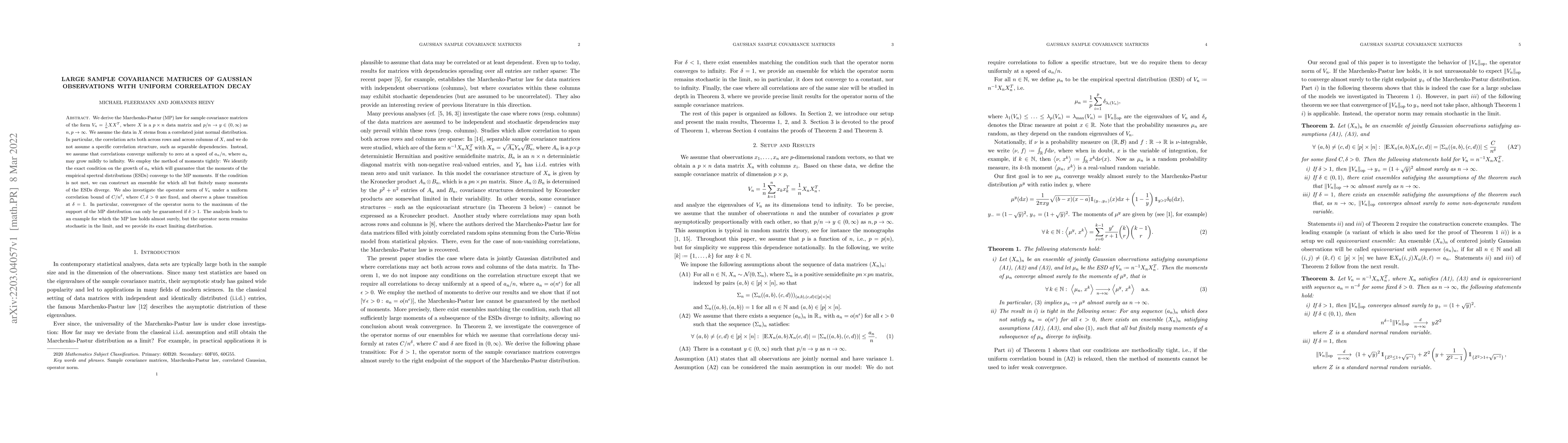 Thumbnail for Large Sample Covariance Matrices of Gaussian Observations with Uniform
  Correlation Decay
