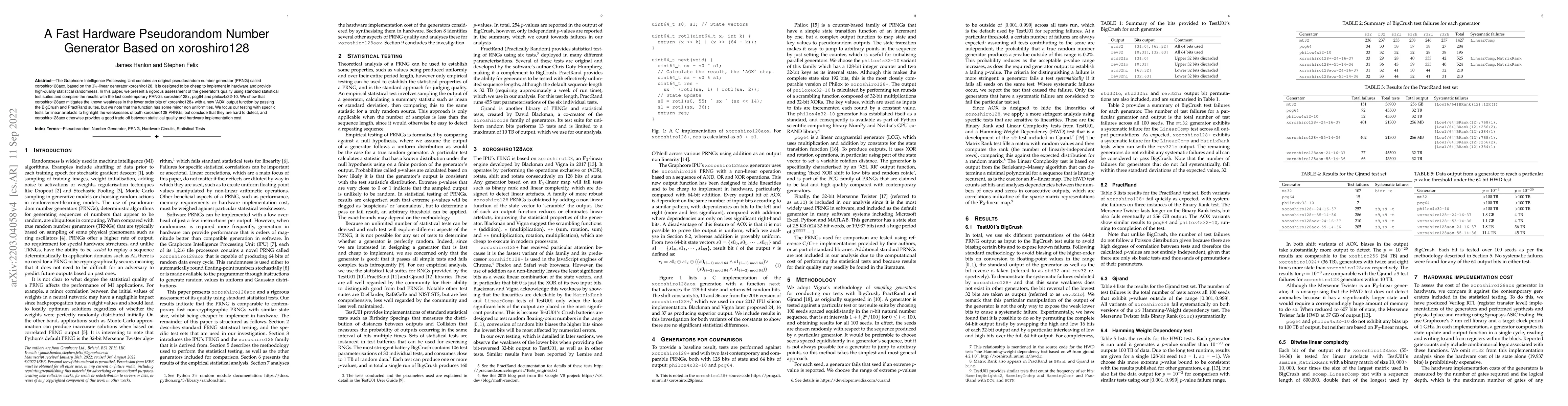 Thumbnail for A Fast Hardware Pseudorandom Number Generator Based on xoroshiro128