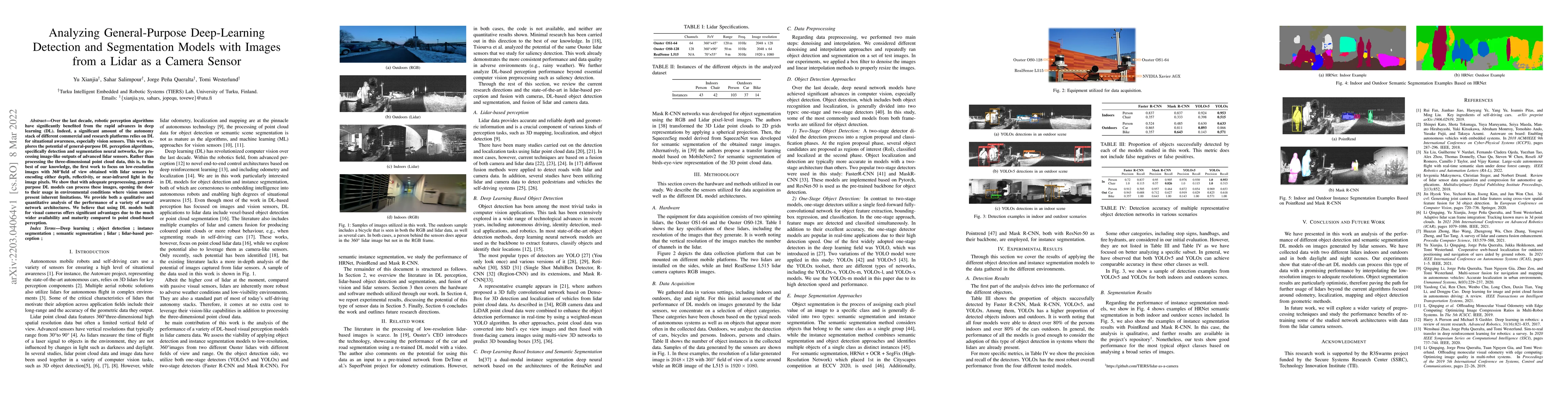 Thumbnail for Analyzing General-Purpose Deep-Learning Detection and Segmentation
  Models with Images from a Lidar as a Camera Sensor
