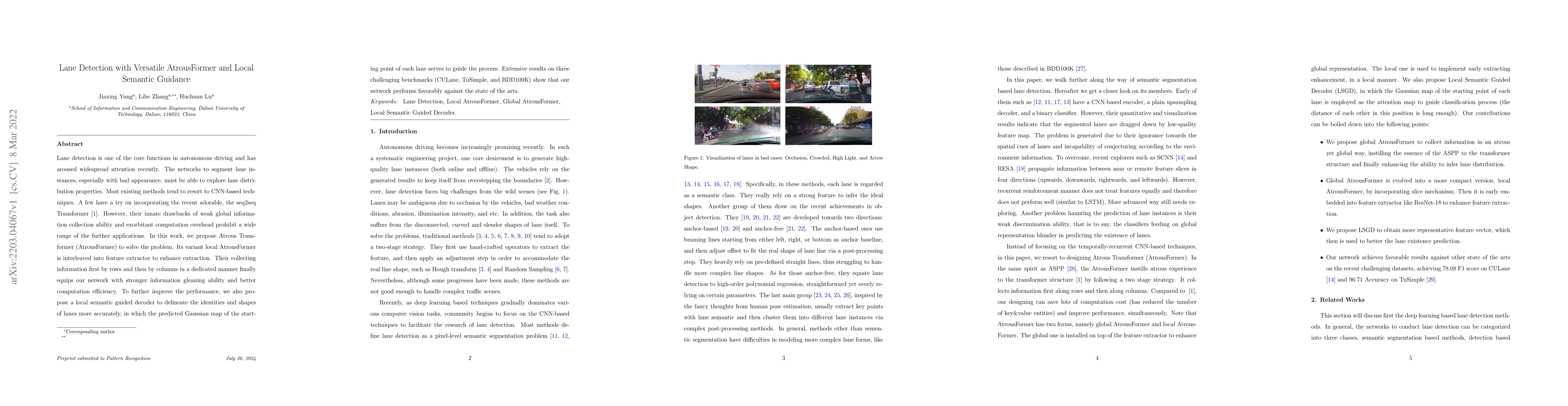 Thumbnail for Lane Detection with Versatile AtrousFormer and Local Semantic Guidance