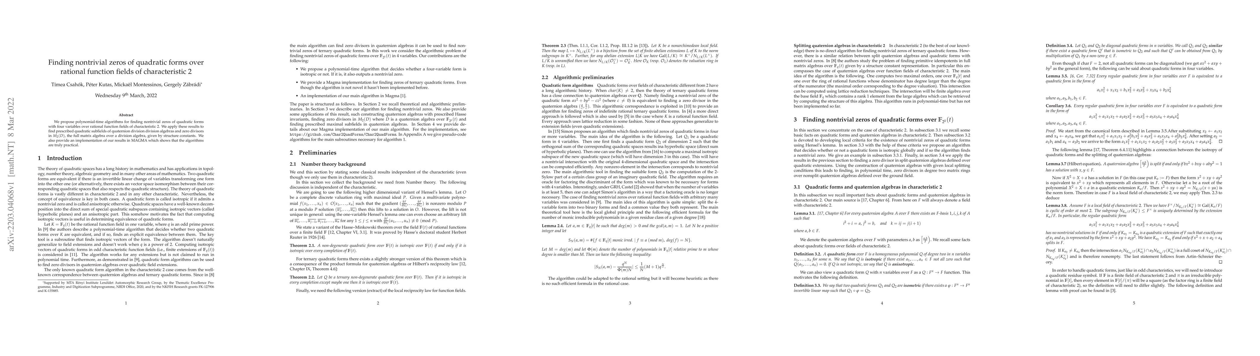 Thumbnail for Finding nontrivial zeros of quadratic forms over rational function
  fields of characteristic 2