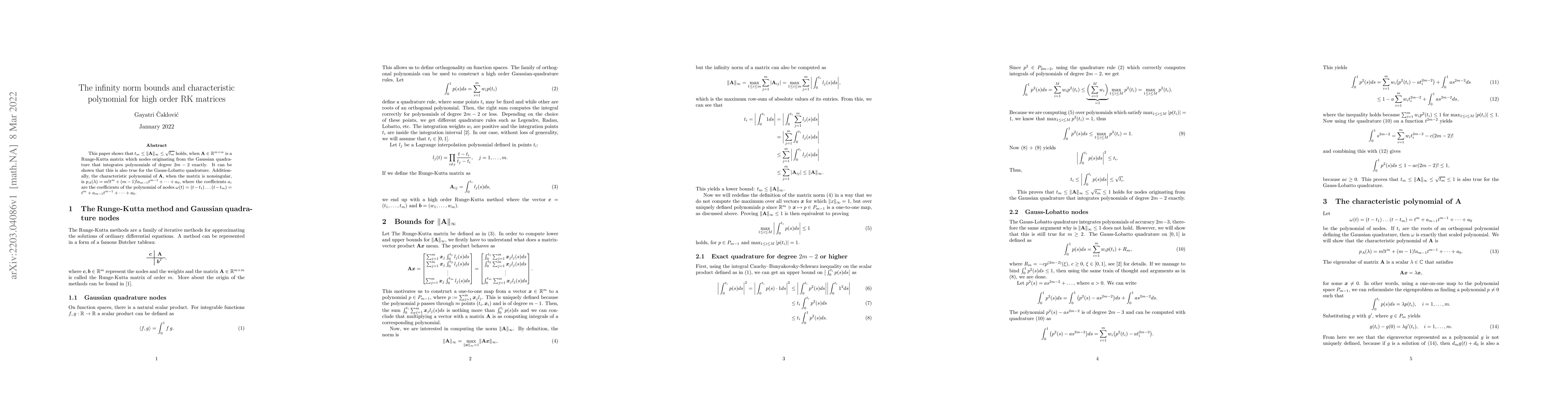 Thumbnail for The infinity norm bounds and characteristic polynomial for high order RK
  matrices