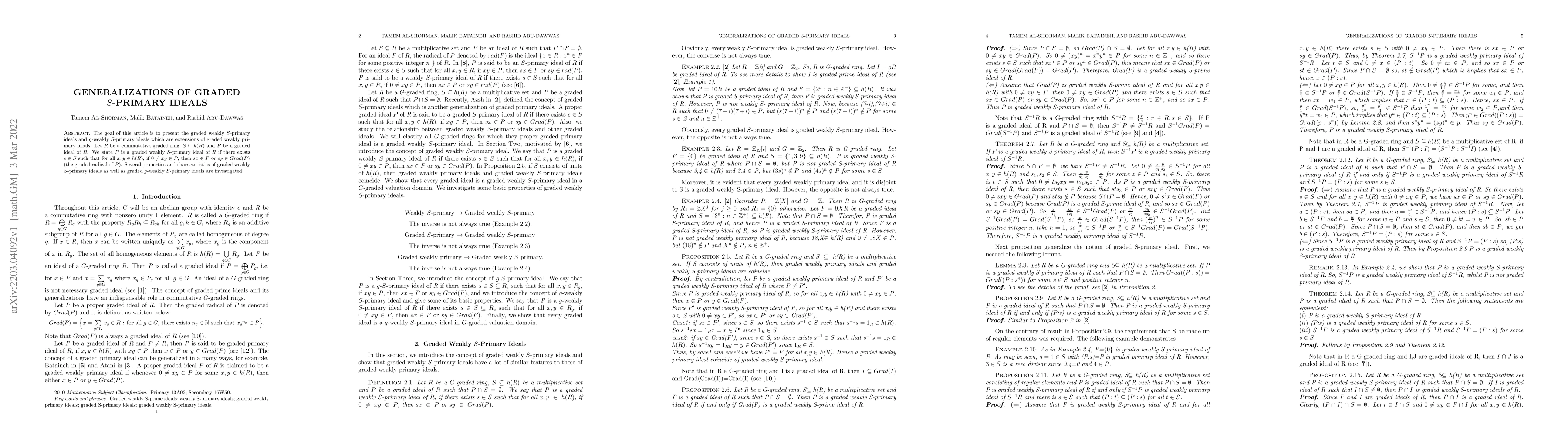 Thumbnail for Generalizations of Graded $S$-Primary Ideals