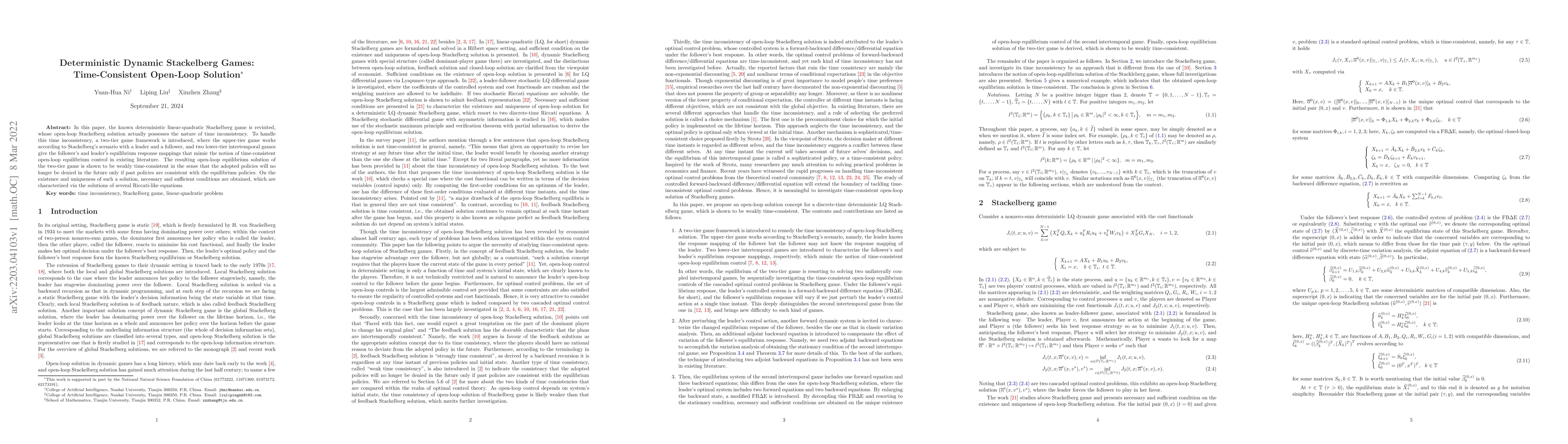 Thumbnail for Deterministic Dynamic Stackelberg Games: Time-Consistent Open-Loop
  Solution