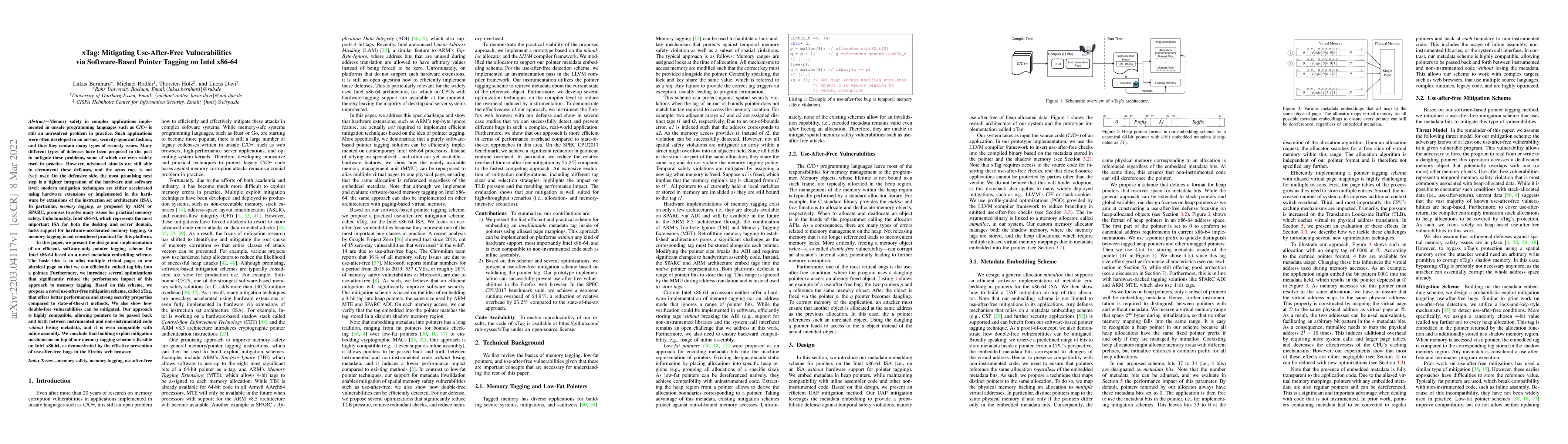 Thumbnail for xTag: Mitigating Use-After-Free Vulnerabilities via Software-Based
  Pointer Tagging on Intel x86-64