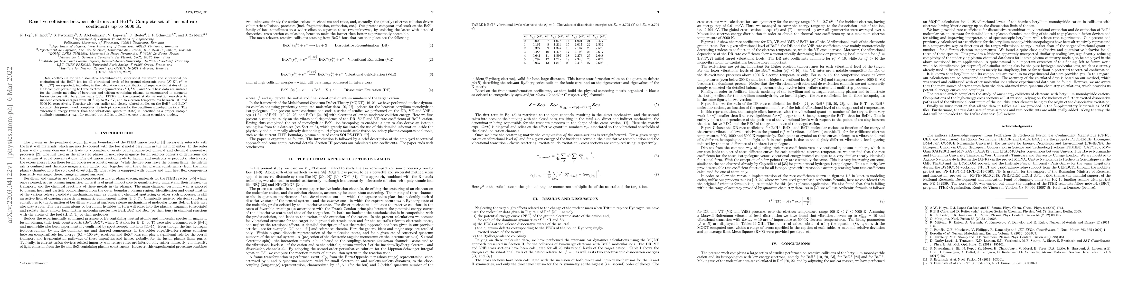 Thumbnail for Reactive collisions between electrons and BeT$^+$: Complete set of
  thermal rate coefficients up to 5000 K