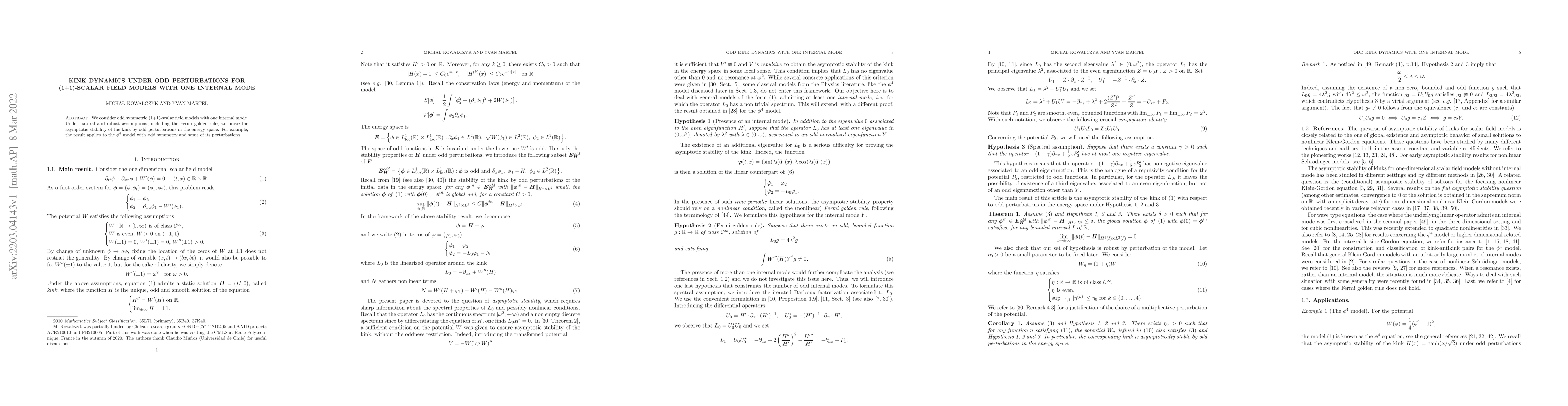 Thumbnail for Kink dynamics under odd perturbations for (1+1)-scalar field models with
  one internal mode