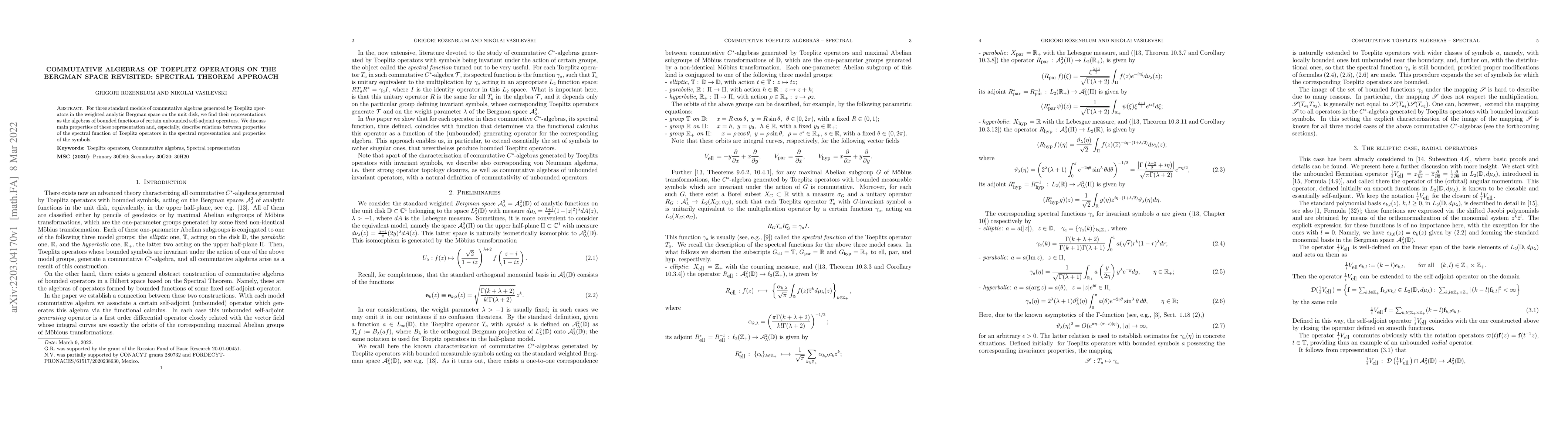 Thumbnail for Commutative algebras of Toeplitz operators on the Bergman space
  revisited: Spectral theorem approach