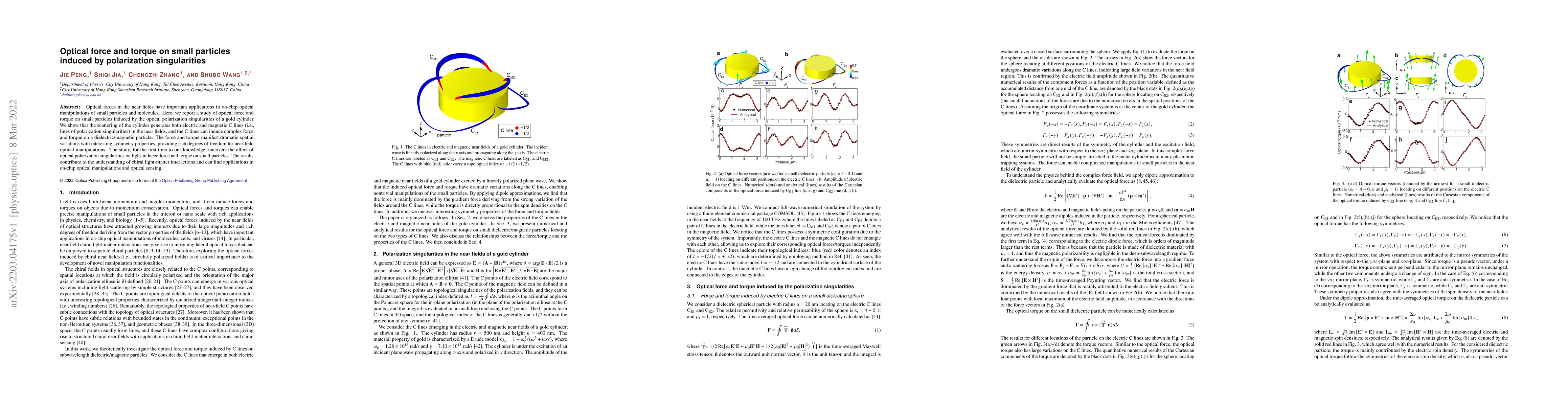 Thumbnail for Optical force and torque on small particles induced by polarization
  singularities
